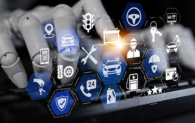 robot hand interacting with vehicle service icons including tools, driver safety, and customer support features highlighting 4 key automotive services
