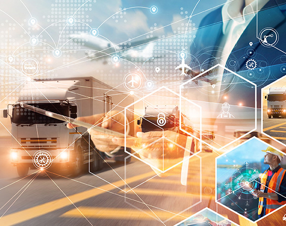 businessman gesturing over digital logistics interface with trucks and transportation elements in background representing supply chain management and efficiency 3 strategies