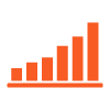 a stylized bar chart with increasing heights in orange colors representing data growth with three levels indicated