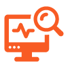 orange computer monitor with a magnifying glass and heartbeat symbol representing 13 key performance indicators and analysis